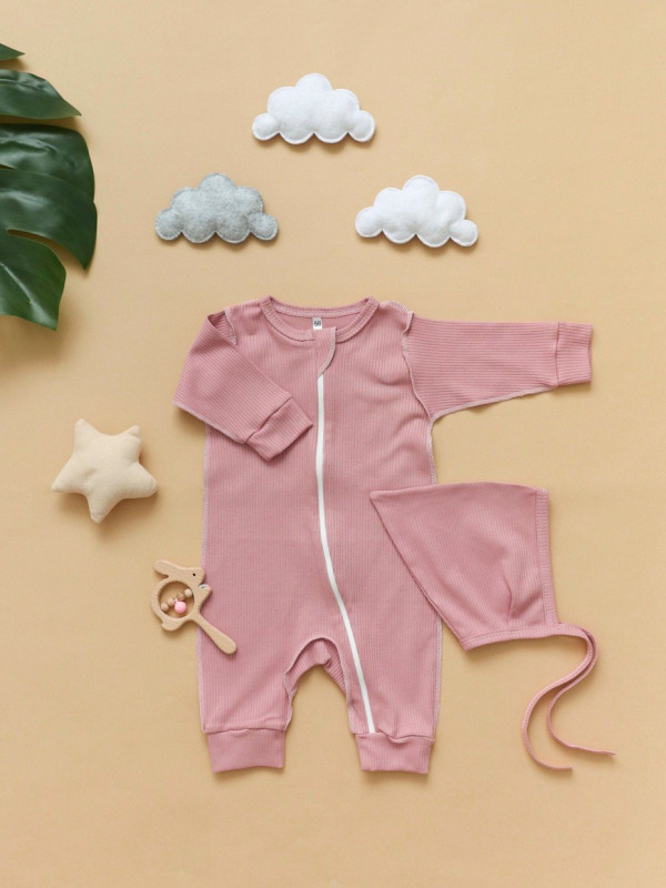 Комбинезон трикотажный на молнии "Полоска" Пудровый 