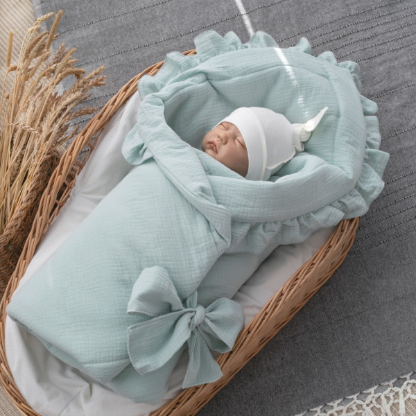 Одеяло на выписку 90х90 «Муслиновое», с бантом с рюшами летнее Полынь 