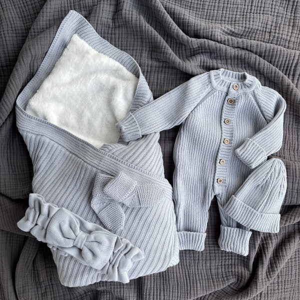 Комплект на выписку из 5-ти предметов (Конверт-одеяло Лапша на шерпе ) Серый 