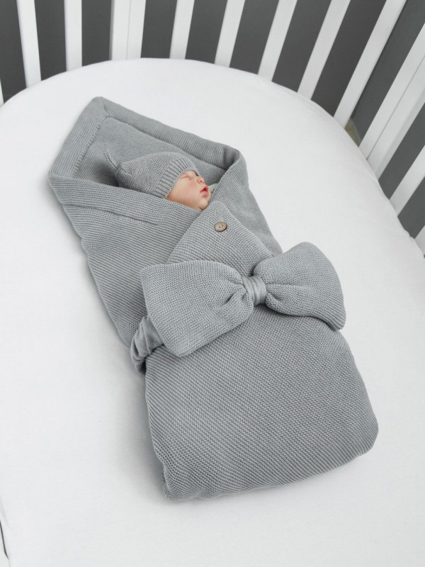 Конверт-одеяло  вязаный  на выписку  Серый  85см.