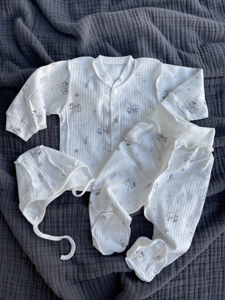 Комплект (чепчик, кофточка,ползунки) зайка 