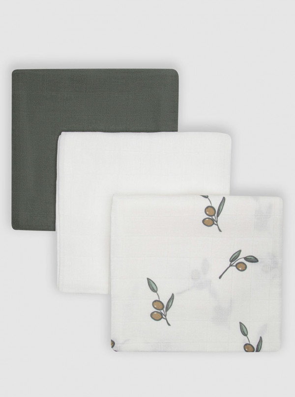 Платочки муслин 25*25 см 3 шт Лес/Оливка/Белый