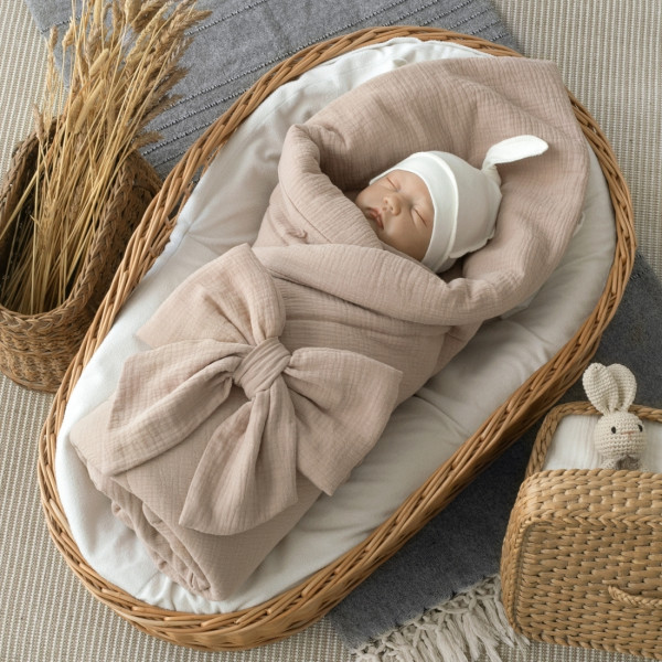 Одеяло на выписку 90х90 «Муслиновое», с бантом на резинке летнее Капучино