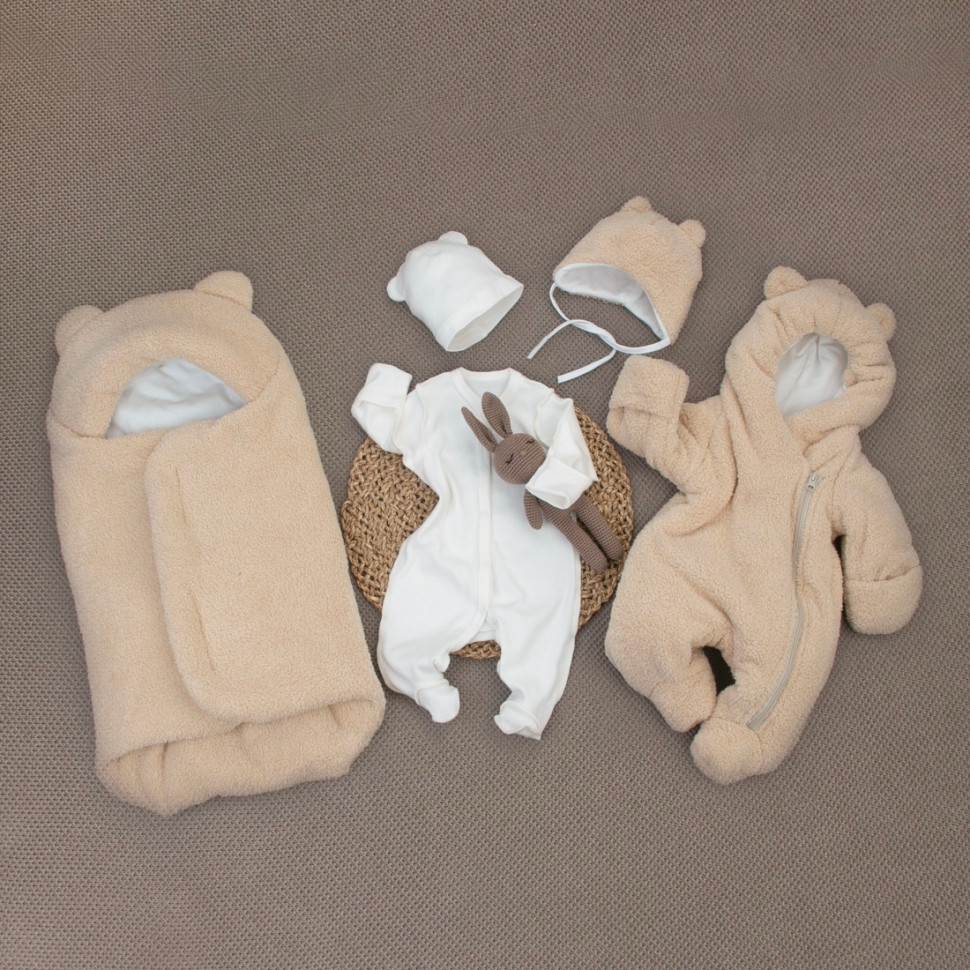 Комплект на выписку 5 предметов "Пушуня", демисезонный, светло-бежевый